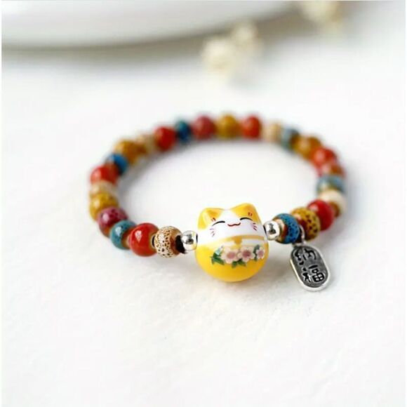 Copied - New! Lucky Cat Beaded Ceramic Bracelet in Black - Picture 1 of 2